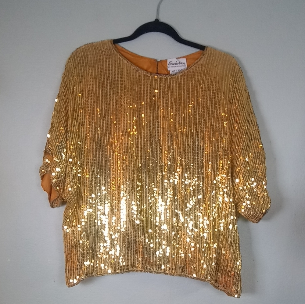 Vintage Silk Gold Sequined Made In India Dolman Sleeve Metallic Crew Neck L